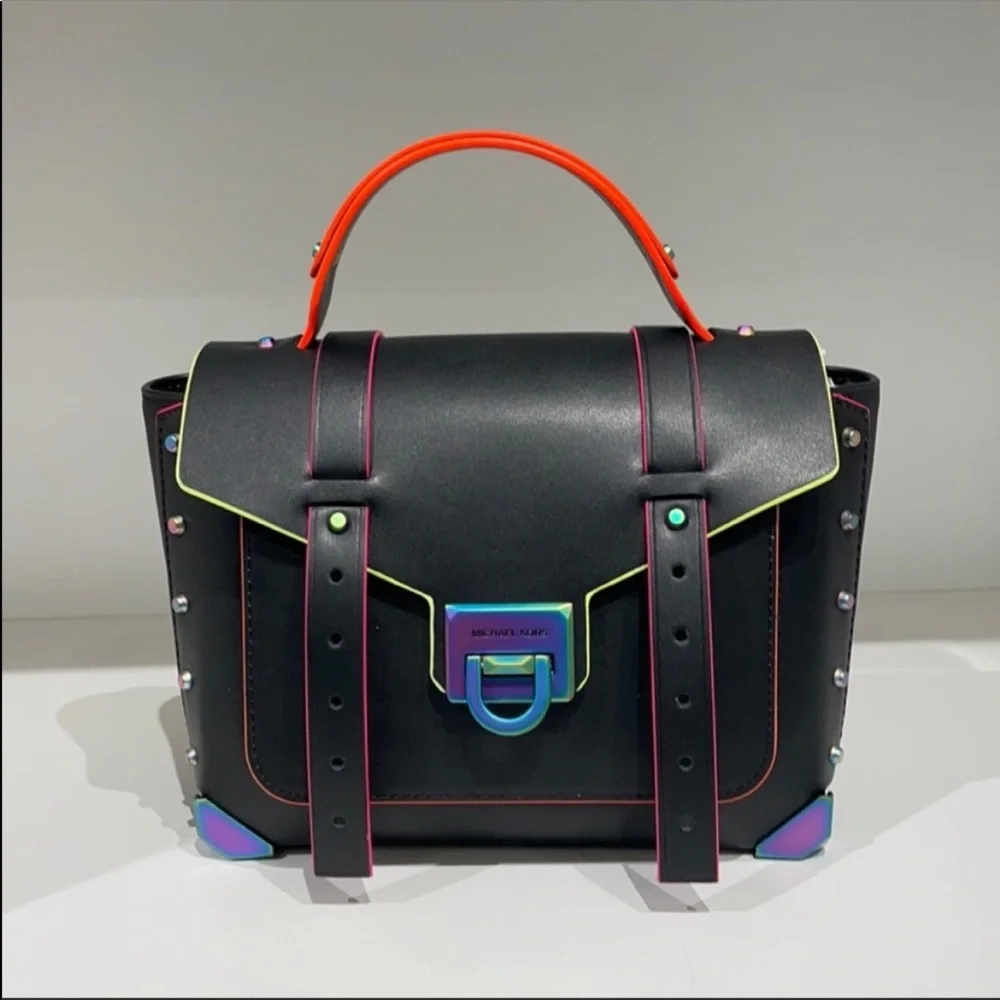 Michael Kors MK Manhattan neon contrast
trim black satchel bag crossbody - Picture 1 of 9